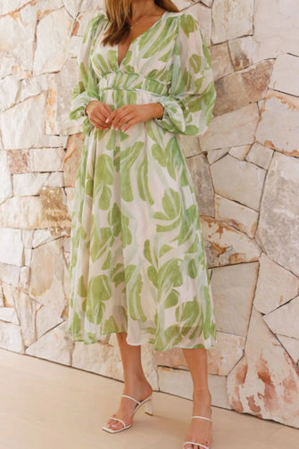 Printed V-Neck Long Sleeve Midi Dress Light Green