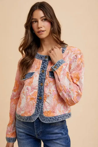 Annie Wear Floral Jacquard Denim Contrast Button Down Jacket Coral Combo Woman Outerwear