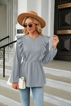 Round Neck Ruffled Peplum Blouse Cloudy Blue Woman Blouses