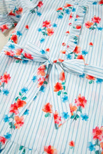 Stripe Floral Pattern Ruffle Short Sleeve Belted Mini Dress Woman Casual Dress