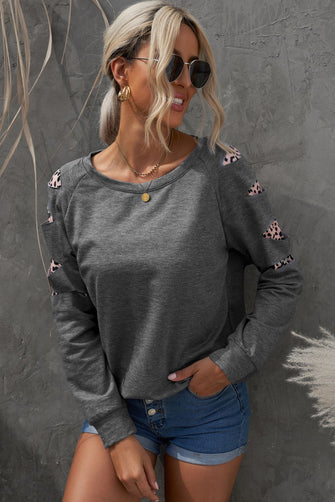 Leopard Patchwork Raglan Sleeve Sweatshirt Gray Woman Sweatshirts