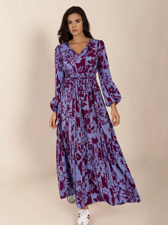 Printed Tie Neck Balloon Sleeve Maxi Dress Purple