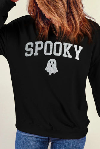 SPOOKY Round Neck Long Sleeve Sweatshirt Black