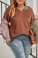 Plus Size Exposed Seam Color Block Quarter Zip Sweatshirt Caramel Woman Sweatshirts
