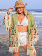 Plus Size Fringe Open Front Cover-Up Sage