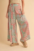 Aemi+co printed wide leg pants in pastel pink and mint green patchwork with flowing lightweight fabric