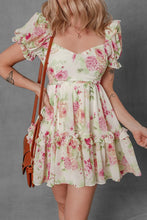 Floral Bubble Sleeve Sweetheart Neck Ruffle Mini Dress Floral