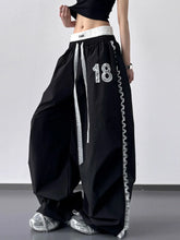 Black lace detail drawstring wide leg pants with white elastic waistband silver glitter 18 and side lace trim