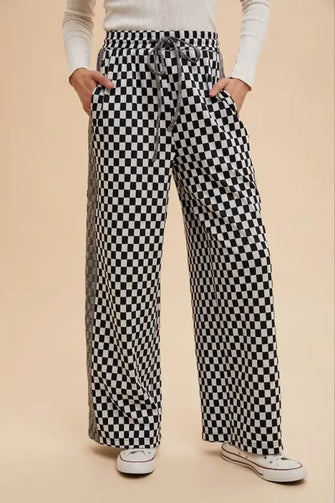 Annie Wear Drawstring Checkered Wide Leg Pants Black Woman Pants