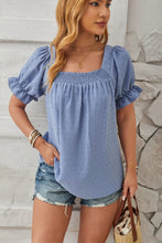 Swiss Dot Smocked Square Neck Short Sleeve T-Shirt Light Blue