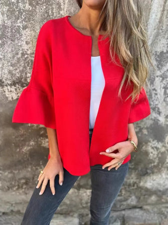 Full Size Bell Sleeve Open Front Cardigan Plus Size Red