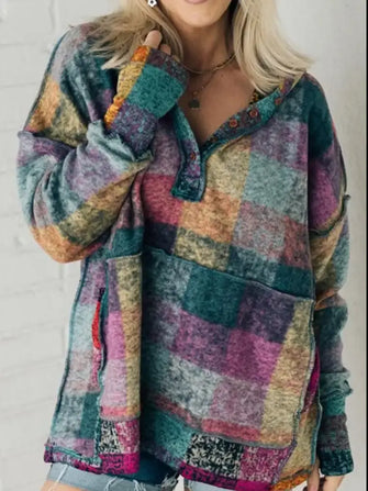 Multicolor Brushed Plaid Buttoned Pullover Oversized Hoodie Multicolor Woman Sweatshirts