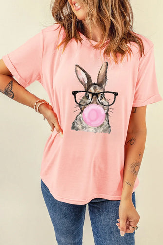 Rabbit Round Neck Short Sleeve T-Shirt Watermelon pink