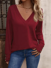 V-Neck Long Sleeve Top Brick Red Woman T Shirts