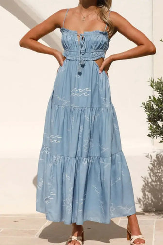 Cutout Printed Sleeveless Midi Cami Dress Light Blue Casual Dresses