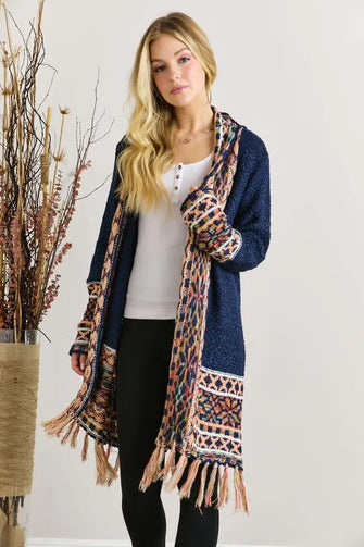 ADORA Full Size Fringe Hem Aztec Border Cardigan Plus Size NAVY