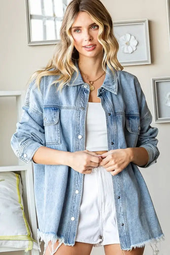 First Love Smile Face Button Down Raw Hem Denim Jacket Denim Woman Outerwear
