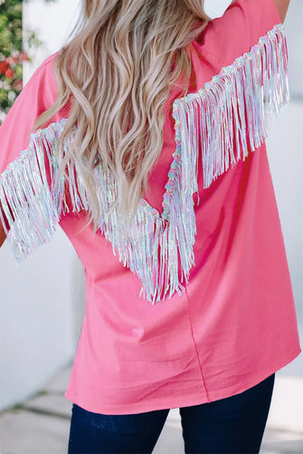 Fringe Round Neck Short Sleeve T-Shirt Pink