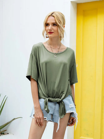 Ivy Lane Slit Boat Neck Half Sleeve T-Shirt Army Green