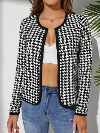 Houndstooth Open Front Long Sleeve Jacket Black