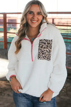Half Zip Leopard Contrast Long Sleeve Sweatshirt White Woman Sweatshirts