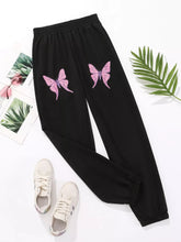 Black butterfly casual sweatpants featuring pink butterfly embroidery on thighs for comfortable casual wear