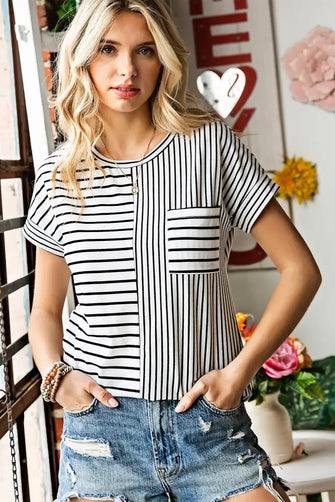 Striped Round Neck Short Sleeve Tee Stripe Woman T Shirts