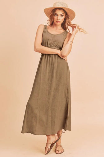 Aemi + Co Side Slit Round Neck Sleeveless Tank Dress Taupe