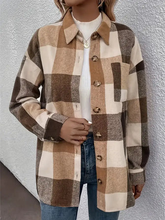 Curved Hem Plaid Collared Neck Shacket Camel Woman Outerwear