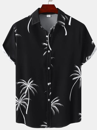 Men's Plus Size Tropical Palm Print Short Sleeve Button Down Shirt Black