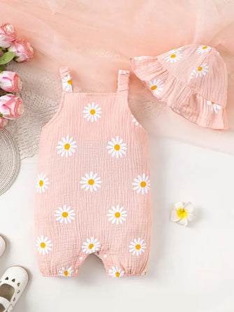 Children's Daisy Textured Wide Strap Romper and Hat Set Watermelon pink Kids Sets