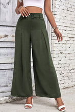 Olive green high waisted wide leg pants featuring a black belt buckle for a stylish and comfortable fit