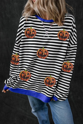 Pumpkin Striped Round Neck Long Sleeve Sweatshirt Black Woman Sweatshirts