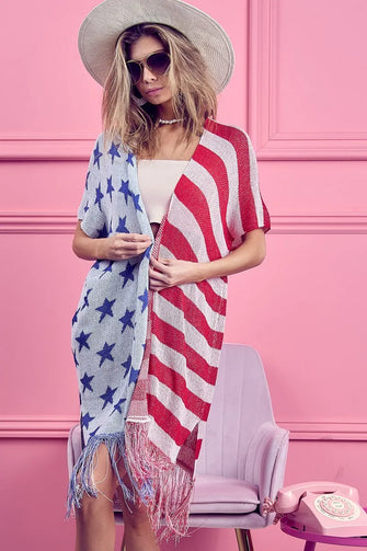BiBi American Flag Theme Fringed Knit Cardigan NAVY RED