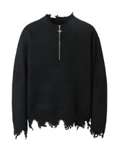Men's Distressed Hem Half-Zip Sweater Black