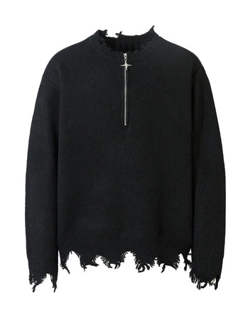 Men's Distressed Hem Half-Zip Sweater Black