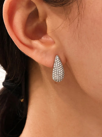 Stainless Steel Inlaid Zircon Teardrop Earrings Silver One Size