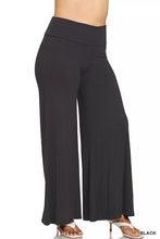 Black Zenana full size fold over waist comfy wide leg pants in soft stretchy fabric for plus size wear
