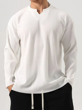 Men's Plus Size Notched Long Sleeve Top White