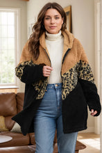 Plus Size Leopard Zip Up Hooded Outerwear Camel