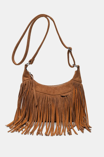Suede Fringe Adjustable Strap Shoulder Bag Caramel One Size