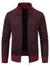 Men's Plus Size Diamond Pattern Zip-Up Knit Cardigan Burgundy