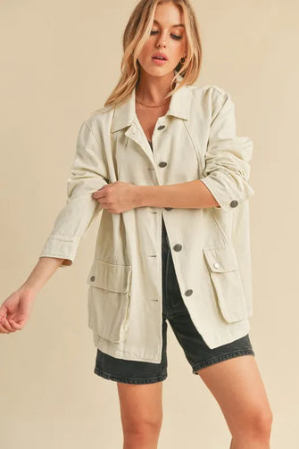 Aemi + Co Seam Detail Button Up Jacket with Pockets Ivory Woman Outerwear