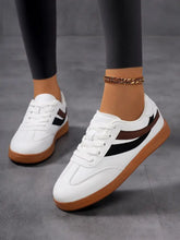 Lace Up Flat Sneakers with Stripe Accent White Black Woman Sneakers