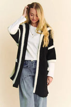 Davi & Dani Fuzzy Trim Open Front Loose Fit Cardigan Black