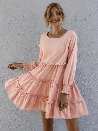 Frill Tiered Long Sleeve Mini Dress Watermelon pink Casual Dresses