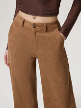 Brown corduroy wide leg pants with button closure and belt loops designed for a perfect fit with pockets
