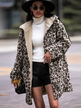 Shiny Leopard Hooded Coat with Pockets Leopard