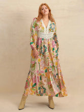 Plus Size Lace Detail Printed V-Neck Balloon Sleeve Dress Apricot