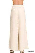 Sand beige wide-leg pants with elastic waistband in soft textured fabric by zenana woven airflow